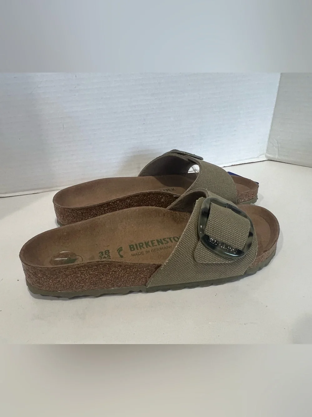 Birkenstock Madrid Big Buckle Vegan/Canvas Slides Size 38 (women 7) Olive NWT
